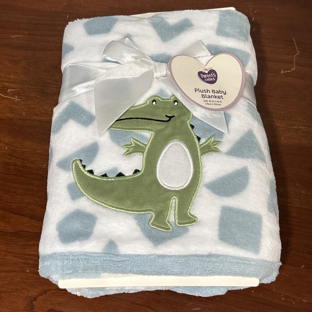 Parents Choice Walmart Plush Baby Blanket Blue White Alligator New